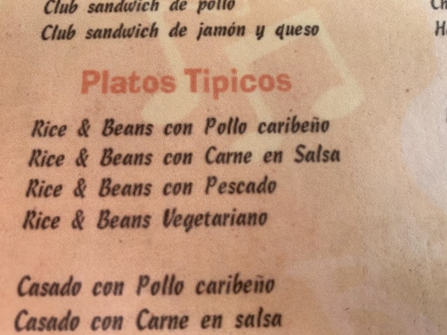 Platos tipicos section of the menu from Restaurante Cocos Bar in Cahuita Costa Rica