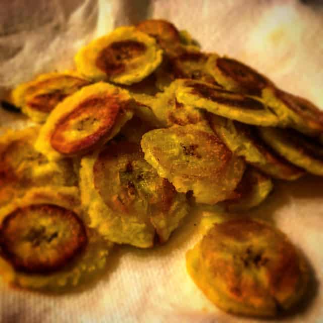 Patacones, twice cooked crispy fried plantains.